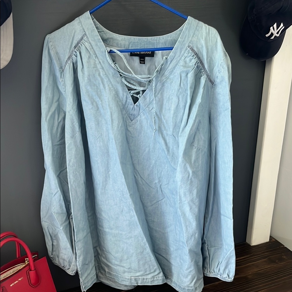 Lane Bryant Blue Long Sleeve Tie Front Blouse